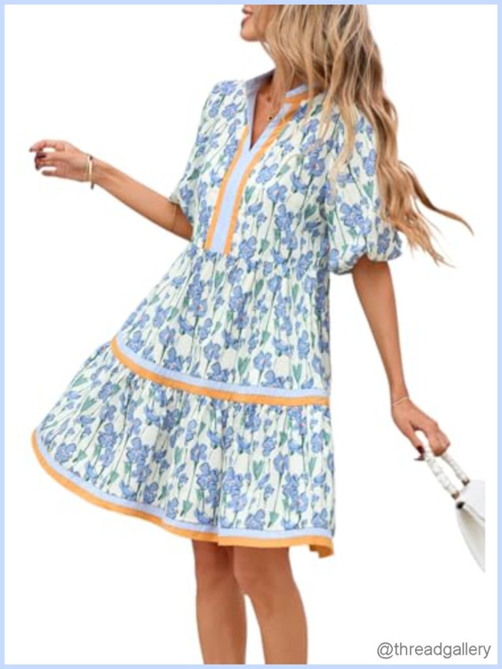 Womens Floral Babydoll Mini Dress V Neck Puff Sleeve Cotton Sundress